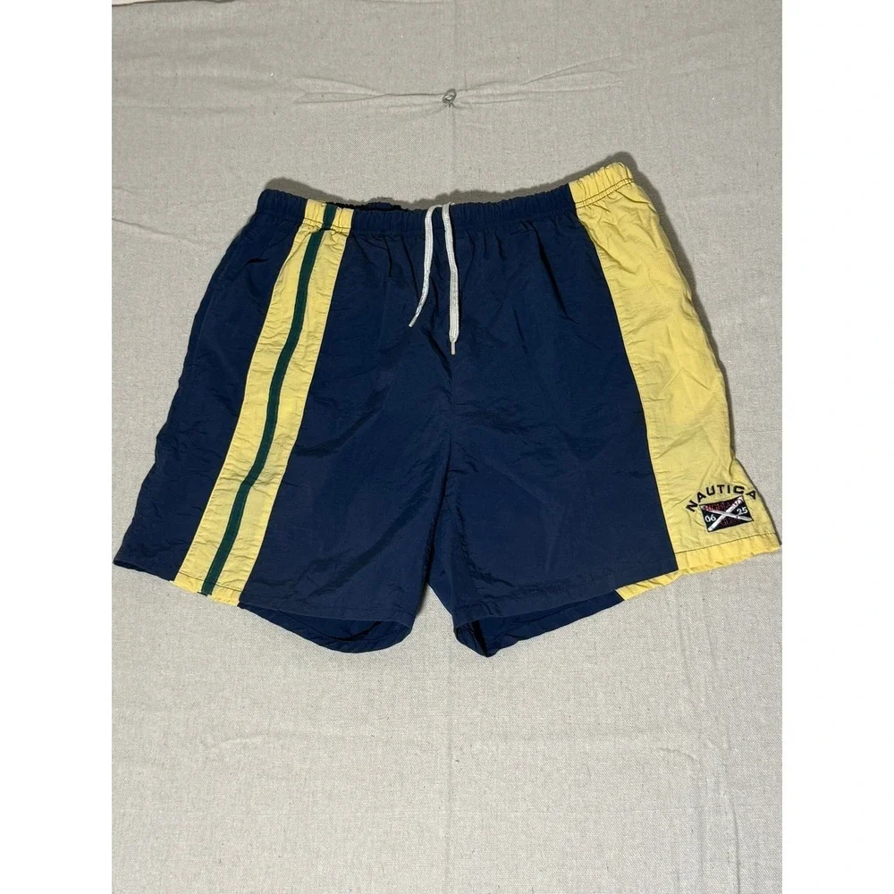 Nautica Mens Swim Trunks Navy Yellow Colorblock Drawstring Shorts Large Logo M